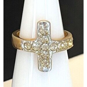 Vintage Ring Size 7 Christian Cross Classic Chic Crystal 18KT HGE Gold Plate 4B